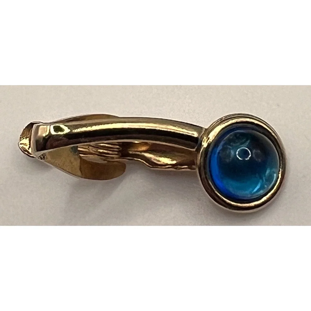 Vintage Men's Gold Tone Tie Clip Blue‎ Glass Cabochon Spring Clasp